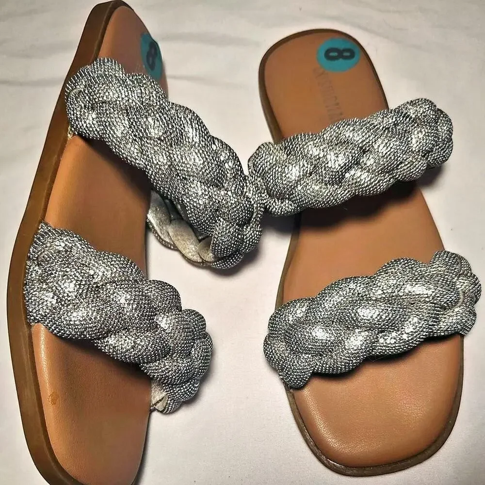 Silver rhinestone sandals with braided